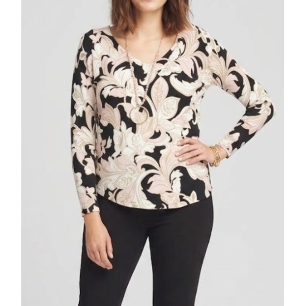 Chico's V-Neck Light Sweater Size Large/2 Black Pink Floral Damask Knit Comfy